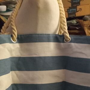 New,stripped blue&white canvas extra large beach tote with macrame rope handles.